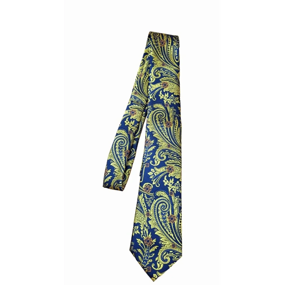 NWT Barry Wang 100%  Silk Blue Gold Floral Paisley Tie Necktie‎ Hand Tailored